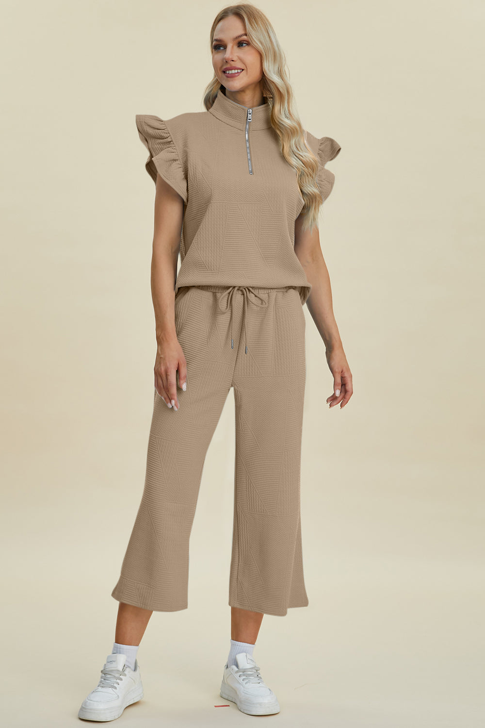 Double Take Full Size Texture Ruffle Short Sleeve Top and Wide Leg Pants Set 