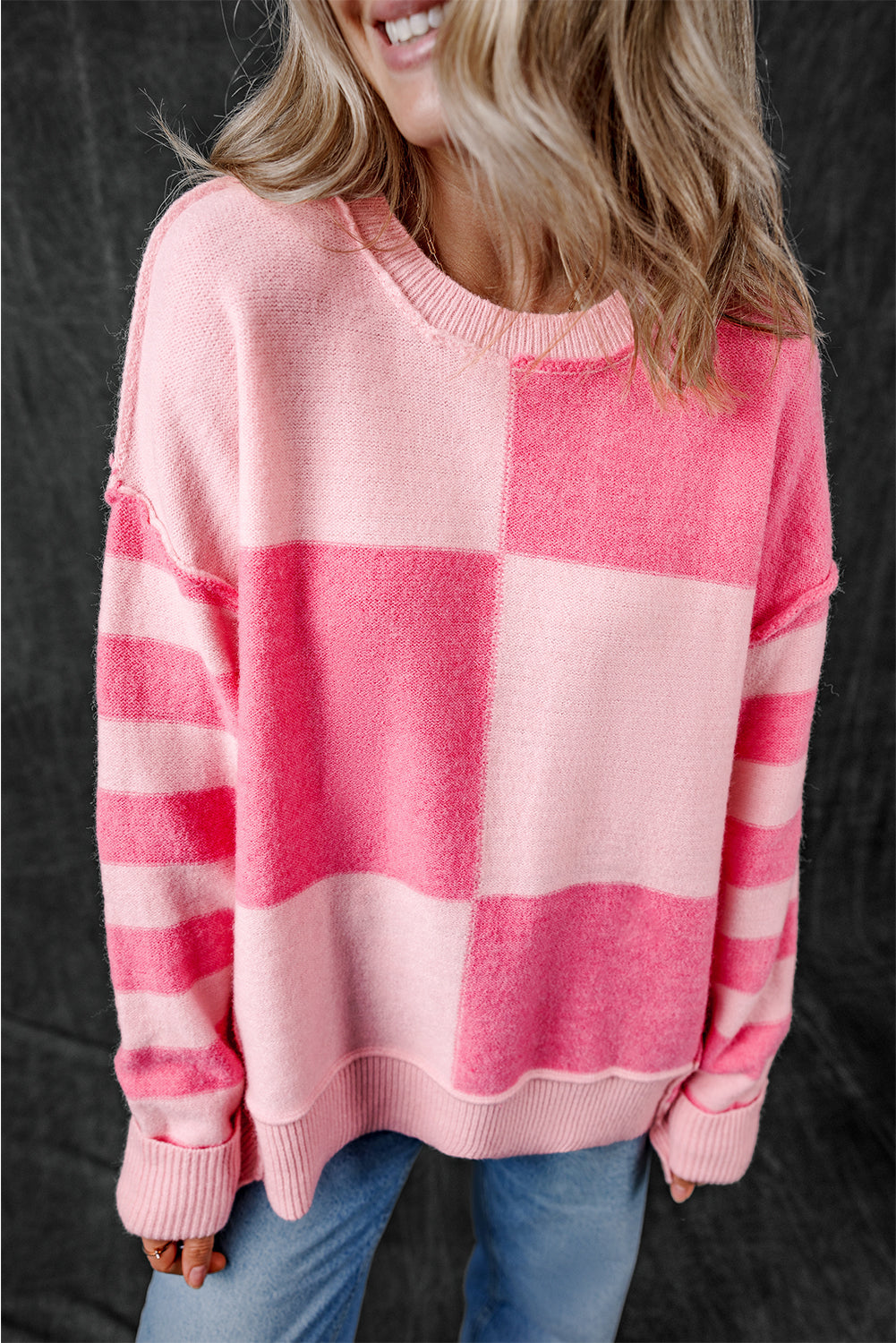 Pink Checkered Colorblock Striped High Low Loose Sweater Sweaters & Cardigans/Sweaters