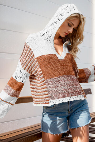 Double Take Full Size Openwork Contrast Long Sleeve Hooded Sweater 