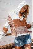 Double Take Full Size Openwork Contrast Long Sleeve Hooded Sweater 