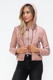 Snobbish Faux Leather Zip Up Drawstring Hooded Jacket 
