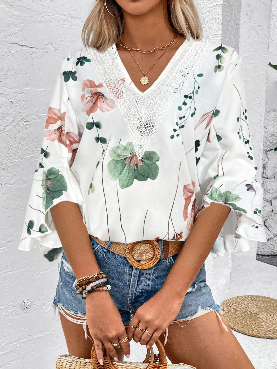 Honey Ruffled Printed V-Neck Half Sleeve Blouse 