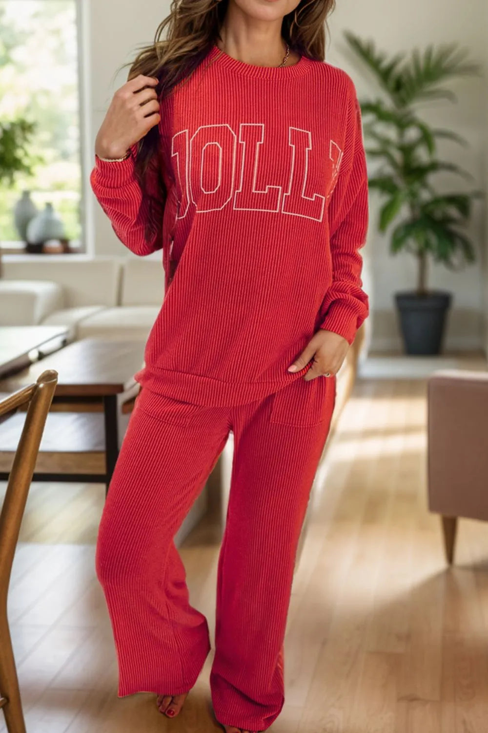 JOLLY Round Neck Long Sleeve Top and Pants Lounge Set Lingerie & Nightwear