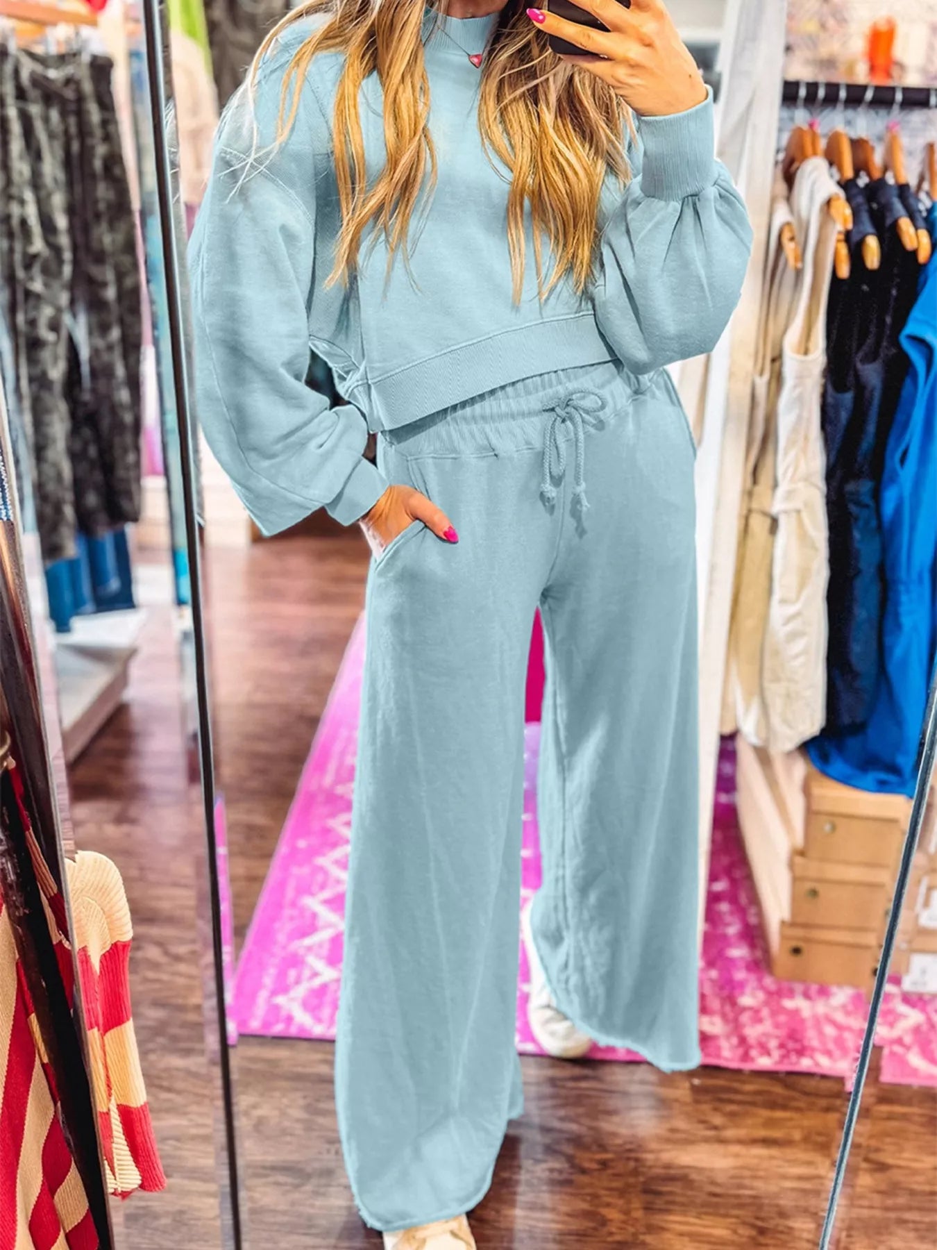 Drop Shoulder Puff Sleeve Crop Top and Drawstring Wide Leg Pants Set 