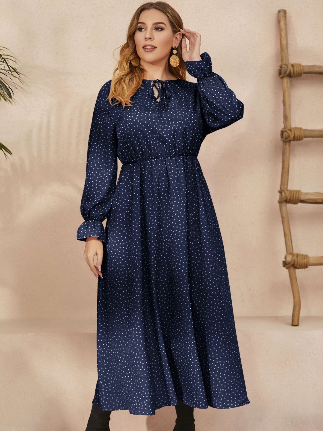 Honey Plus Size Ruffled Polka Dot Long Sleeve Midi Dress 