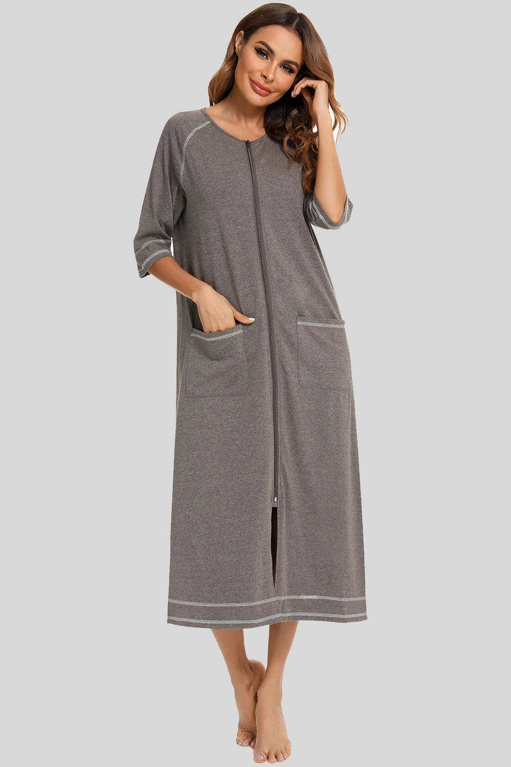 Zip Up Slit Round Neck Night Dress with Pockets 