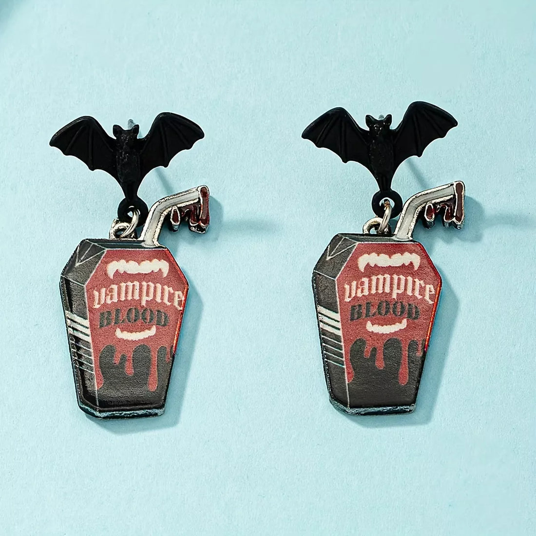 Halloween Gothic Vampire Coffin Bat Wing Drop Earrings 
