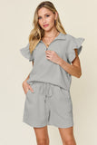 Double Take Full Size Texture Flounce Sleeve Top and Drawstring Shorts Set 