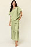 Double Take Full Size Texture Half Zip Short Sleeve Top and Pants Set 
