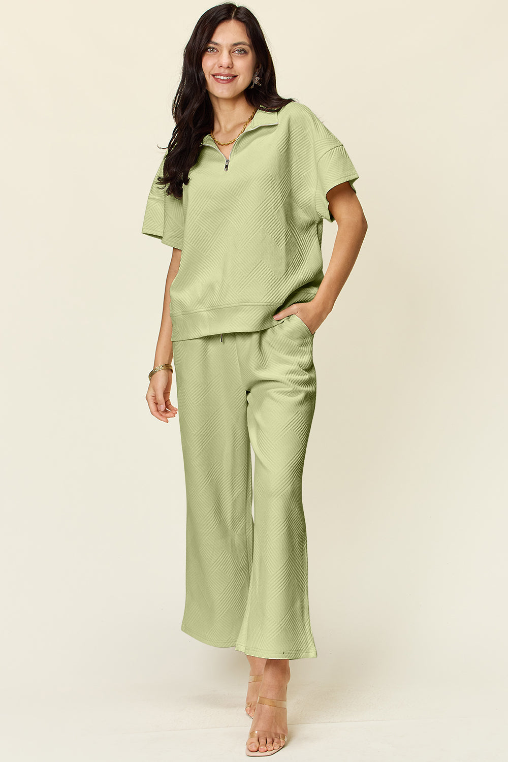 Double Take Full Size Texture Half Zip Short Sleeve Top and Pants Set 
