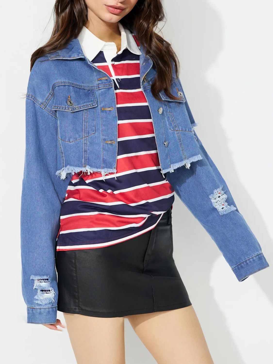 Raw Hem Collared Neck Cropped Denim Top 