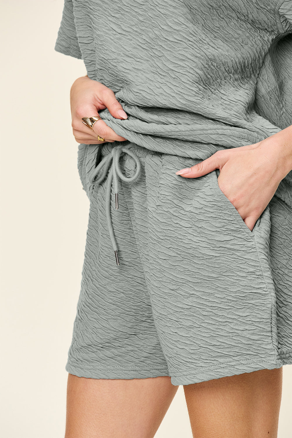 Double Take Full Size Texture Short Sleeve T-Shirt and Drawstring Shorts Set 