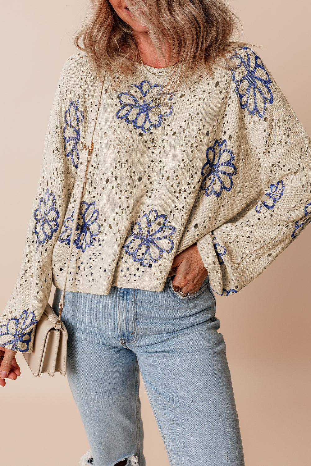 Beige Contrast Flower Print Eyelet Drop Shoulder Sweater Sweaters & Cardigans/Sweaters