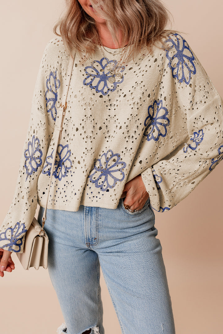 Beige Contrast Flower Print Eyelet Drop Shoulder Sweater Sweaters & Cardigans/Sweaters