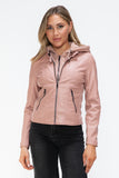 Snobbish Faux Leather Zip Up Drawstring Hooded Jacket 