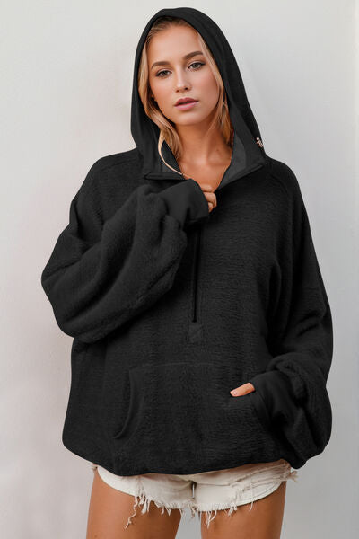Double Take Full Size Half Zip Long Sleeve Hoodie with Kangaroo Pocket 