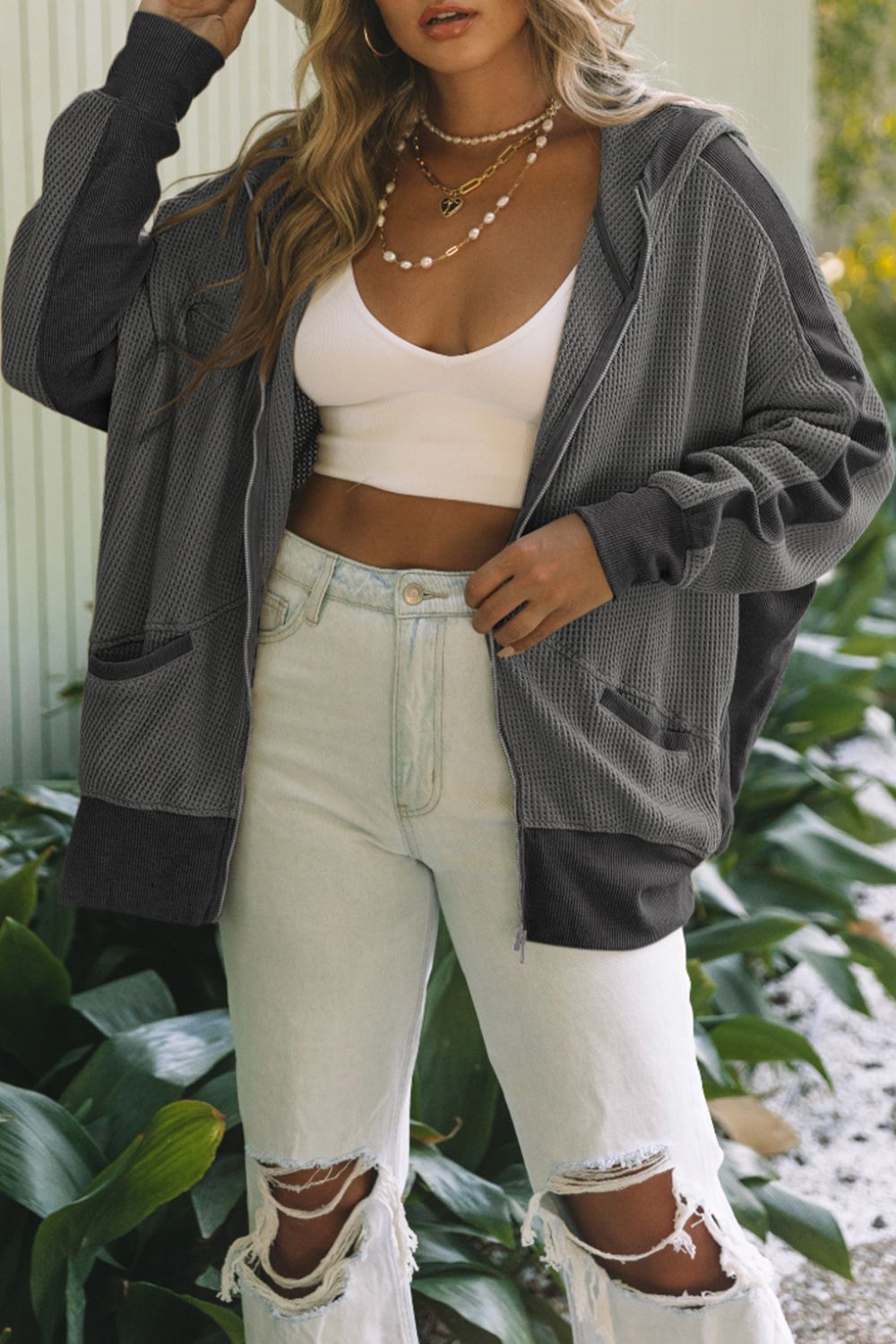 Waffle-Knit Pocketed Zip Up Hooded Jacket 