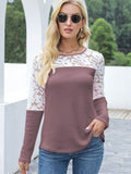 Waffle-Knit Lace Round Neck Long Sleeve T-Shirt 
