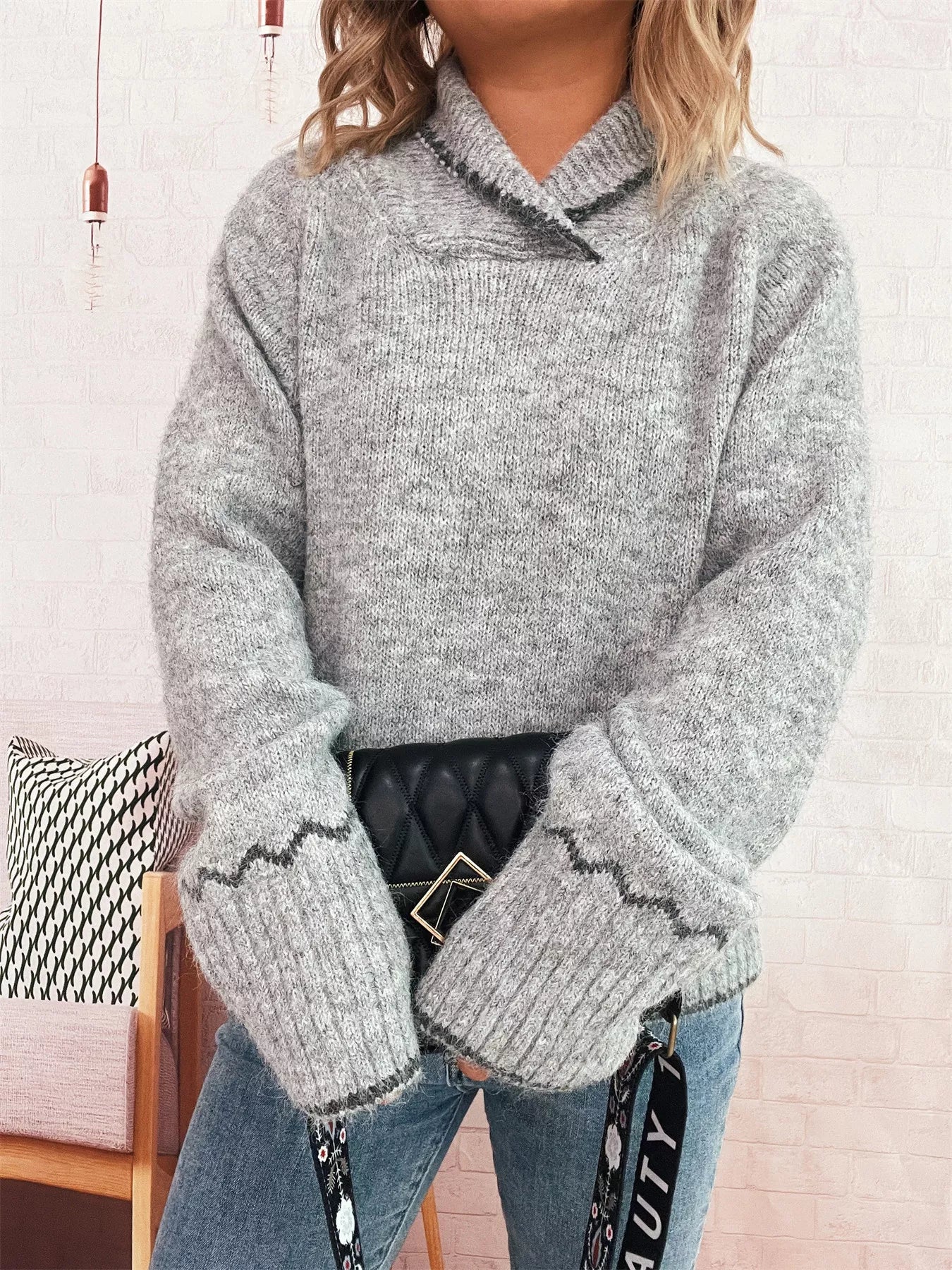 Ribbed Contrast Trim Long Sleeve Sweater 