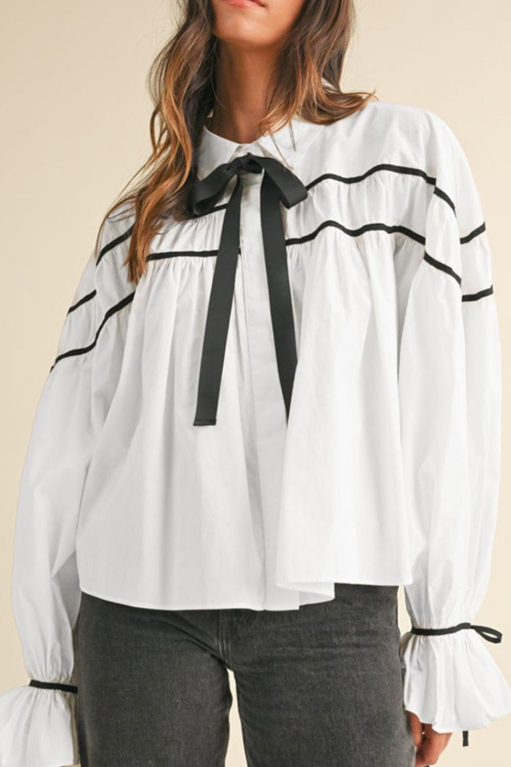 Ribbon Bowtie Collared Neck Flounce Sleeve Shirt 