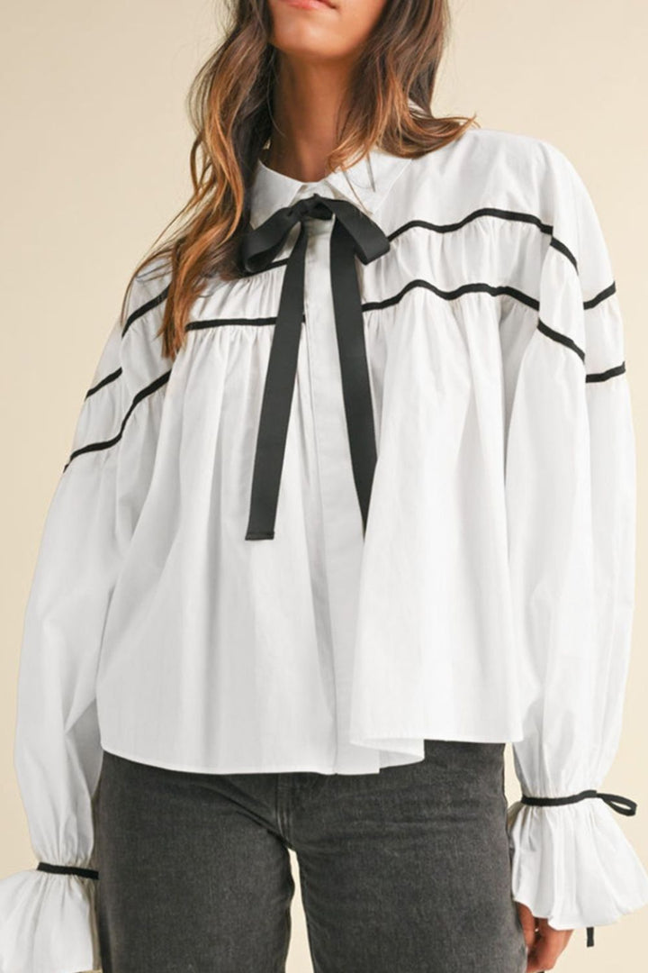 Ribbon Bowtie Collared Neck Flounce Sleeve Shirt 