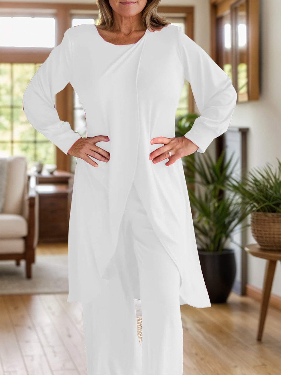 Full Size Slit Round Neck Long Sleeve Top and Pants Set 