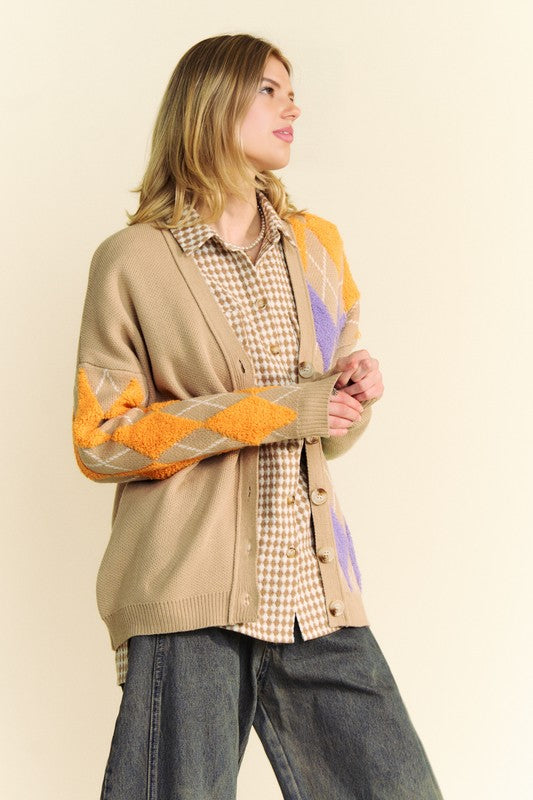 Davi & Dani Argyle V-Neck Dropped Shoulder Cardigan 