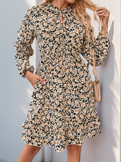 Perfee Printed Tie Neck Long Sleeve Mini Dress Dresses