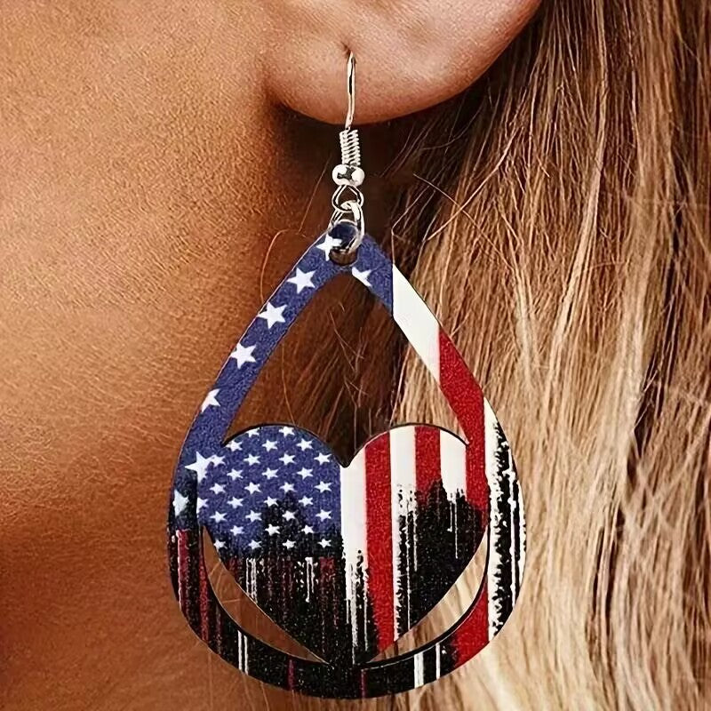 US Flag Pattern Wooden Earrings 