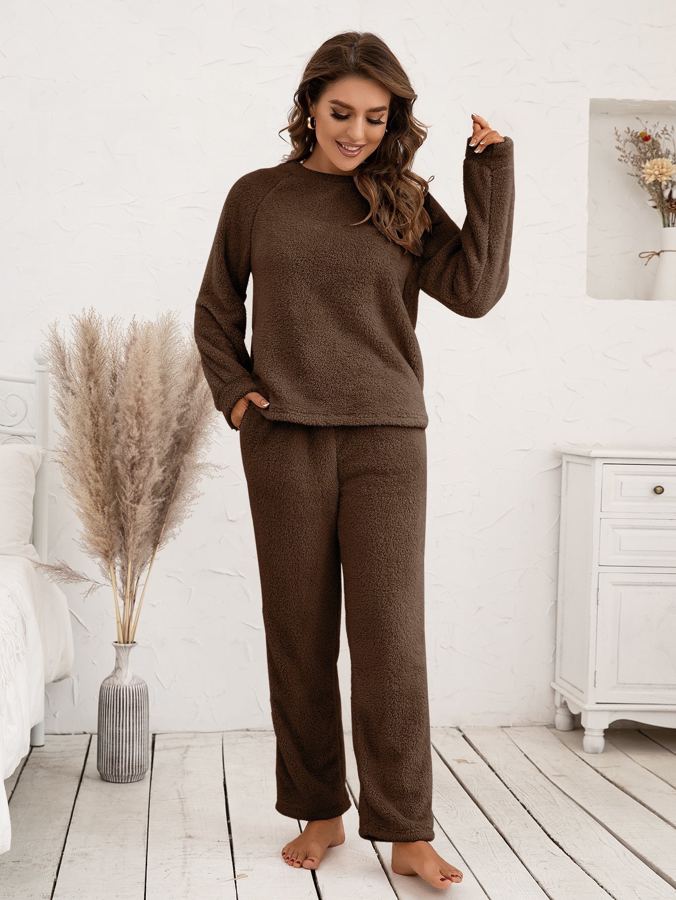 Ivy Lane Teddy Long Sleeve Top and Pants Lounge Set 