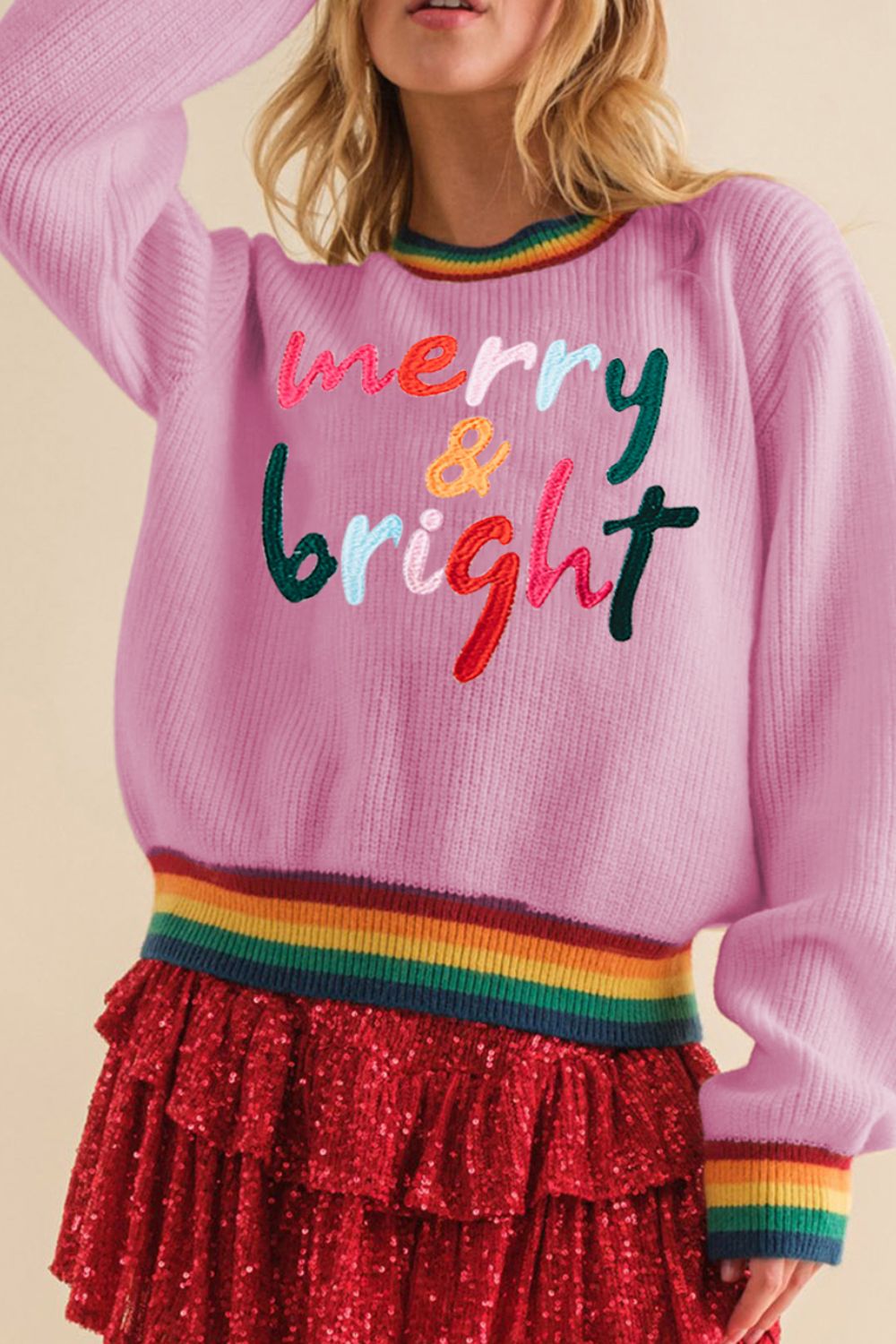 MERRY & BRIGHT Ribbed Round Neck Sweater 