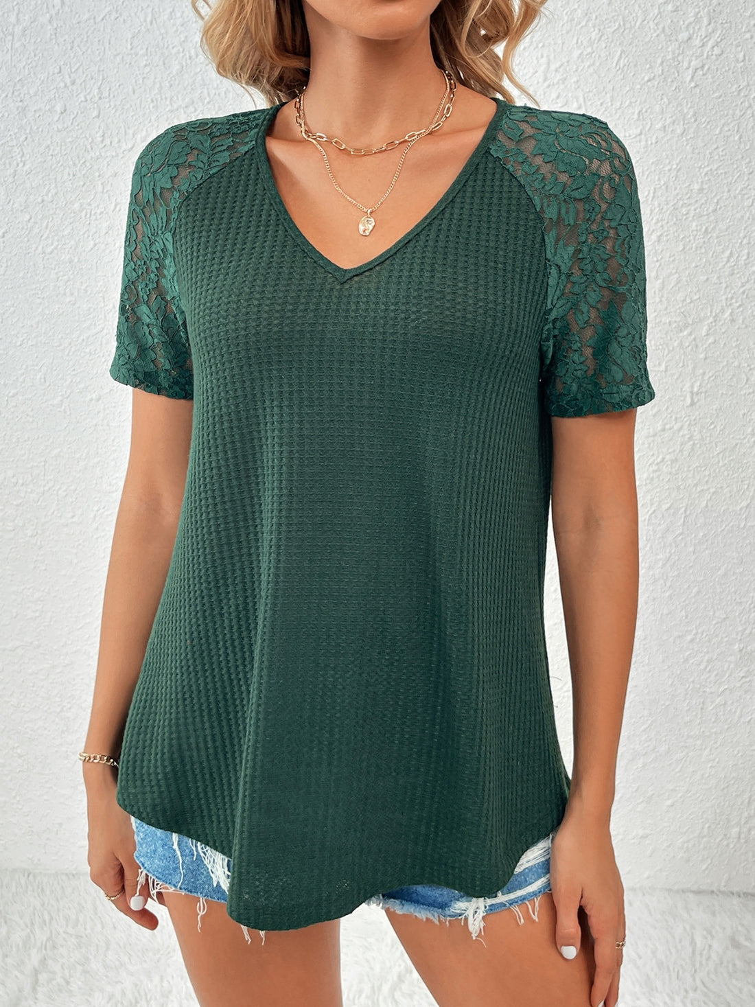 Ivy Lane Lace Detail V-Neck Short Sleeve T-Shirt 