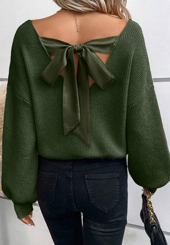 Tied Back V-Neck Long Sleeve Sweater 