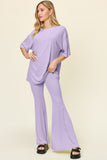 Double Take Full Size Round Neck Drop Shoulder T-Shirt and Flare Pants Set 