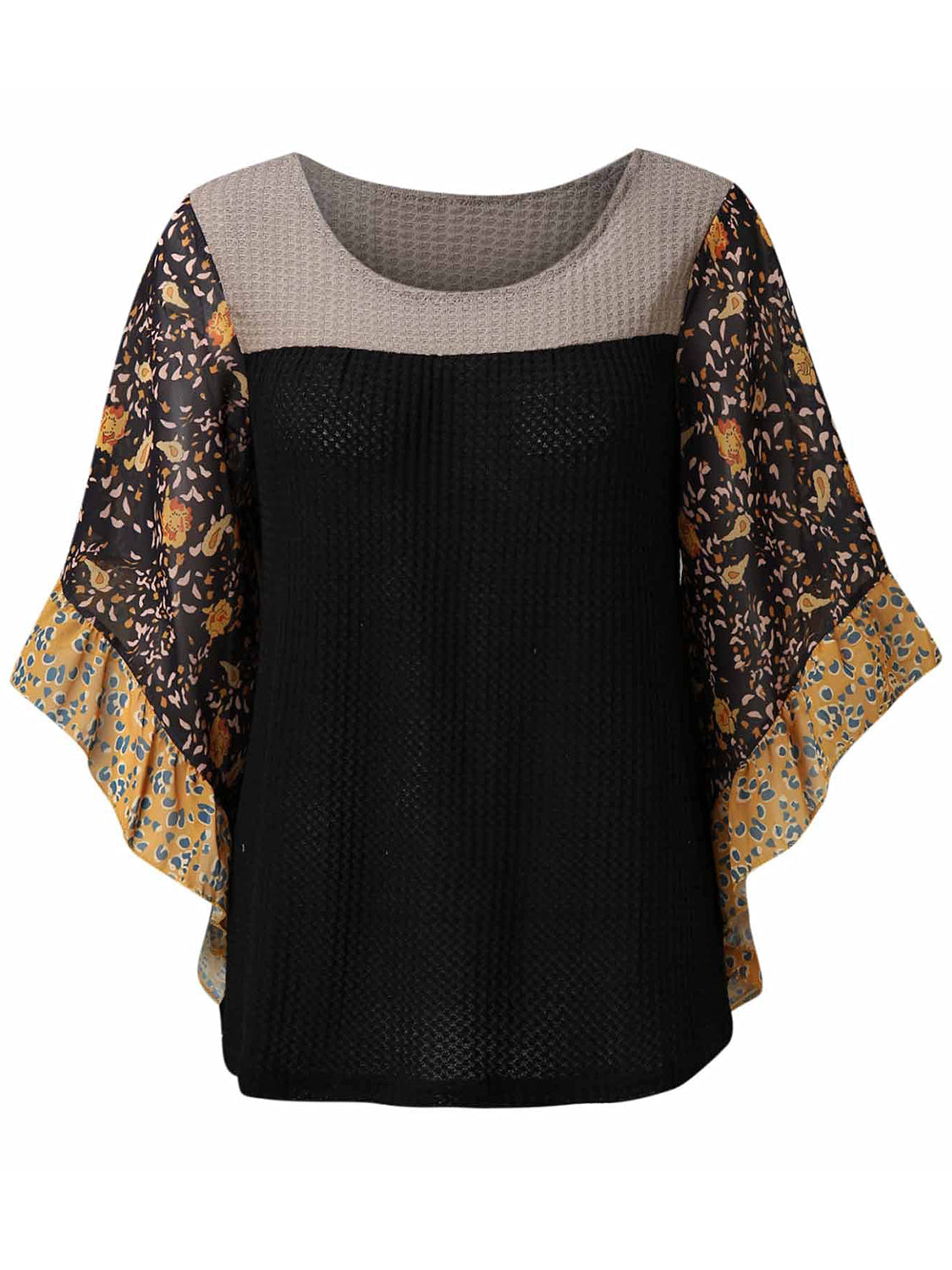 Full Size Printed Round Neck Three-Quarter Sleeve Blouse 