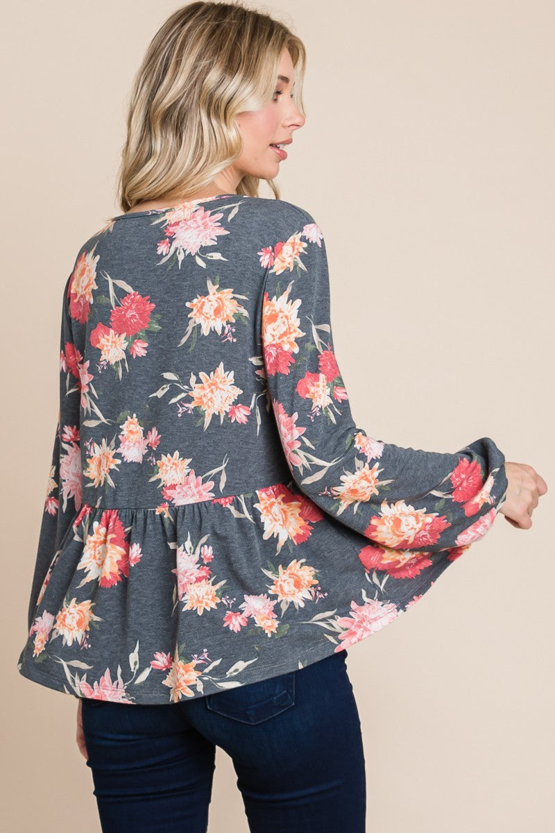 Super Lady Full Size Babydoll Floral Long Sleeve Blouse 