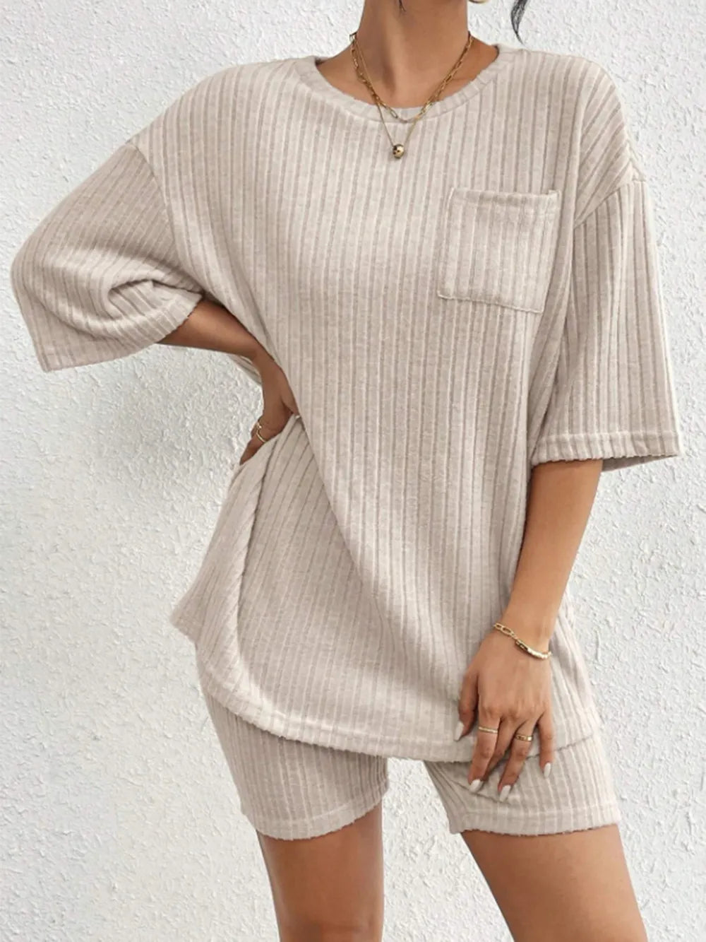 Ribbed Round Neck Top and Shorts Set Two Piece Dresses