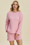 Double Take Full Size Texture Round Neck Long Sleeve Top and Shorts Set 