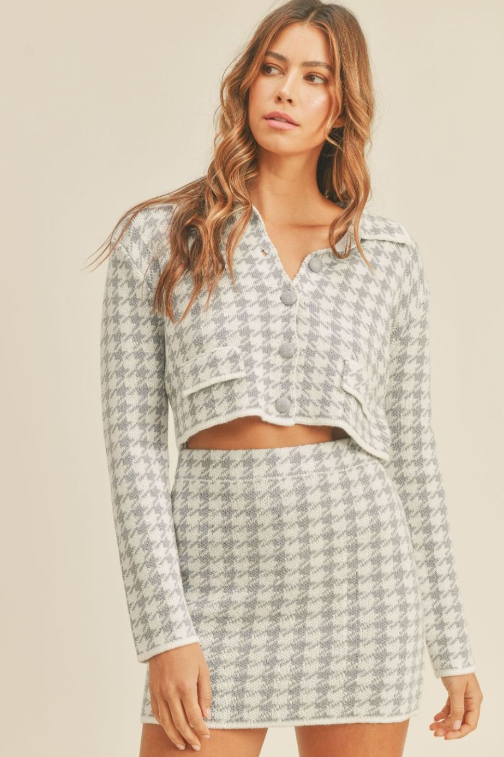 MABLE Houndstooth Cropped Knit Cardigan and Mini Skirt Set 
