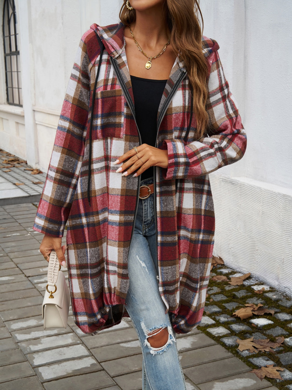 Devine Plaid Zip Up Hooded Coat 