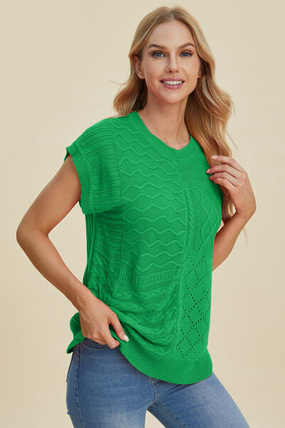 Double Take Full Size Cable-Knit Round Neck Cap Sleeve Sweater 