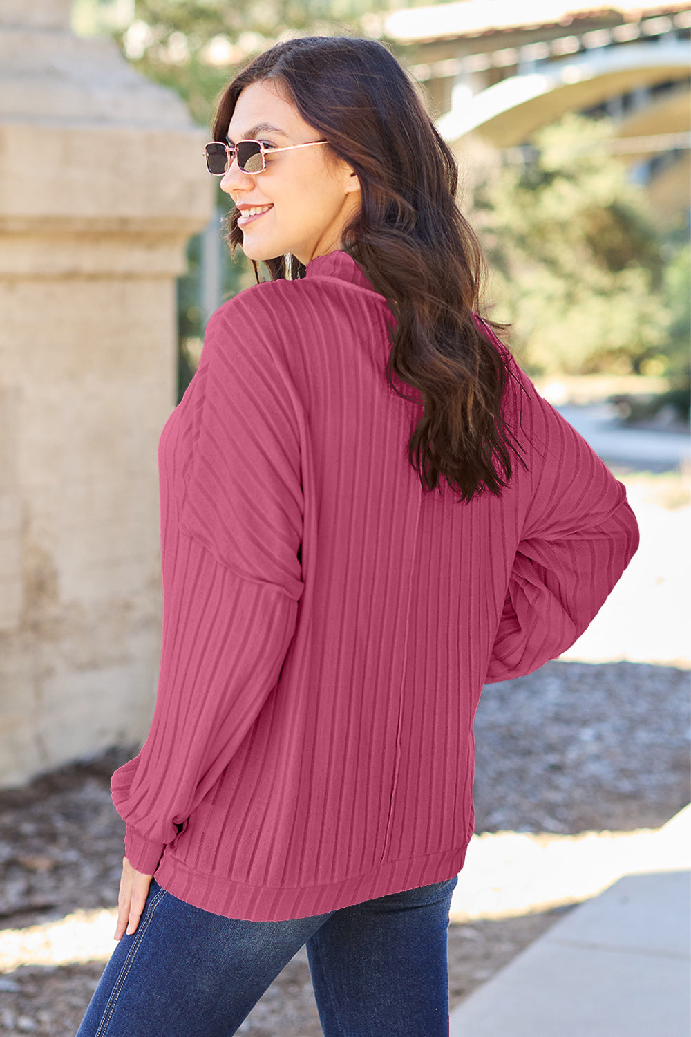 Basic Bae Full Size Ribbed Exposed Seam Mock Neck Knit Top 