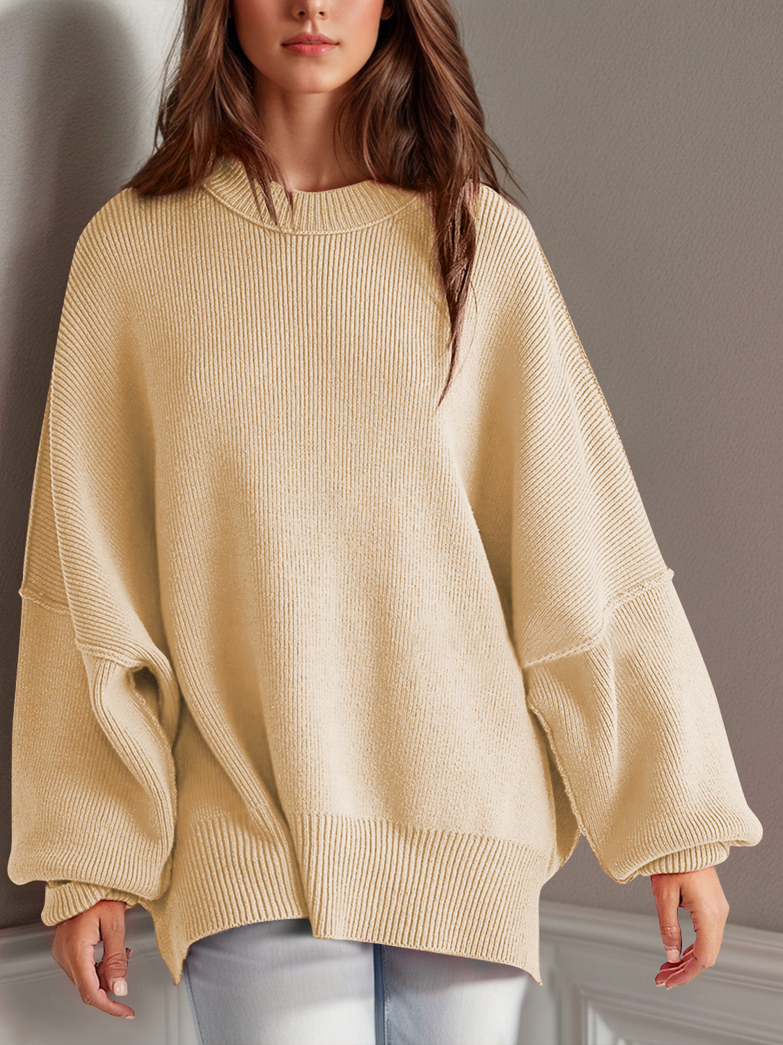 Double Take Side Slit Round Neck Long Sleeve Sweater 