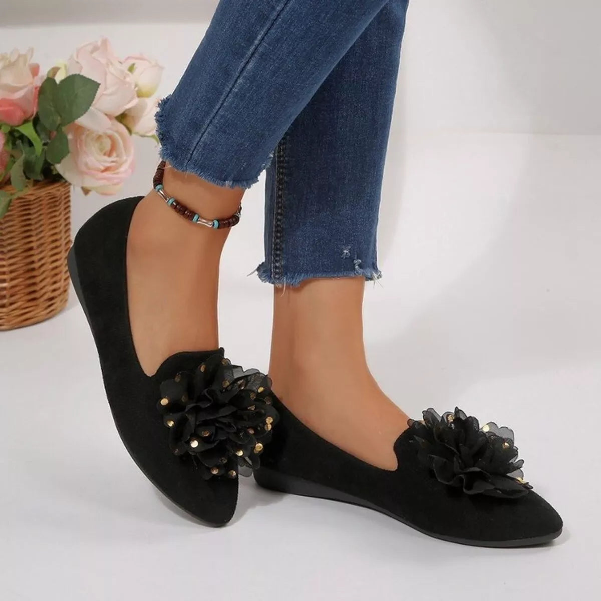 Flower Point Toe Slip-Ons 