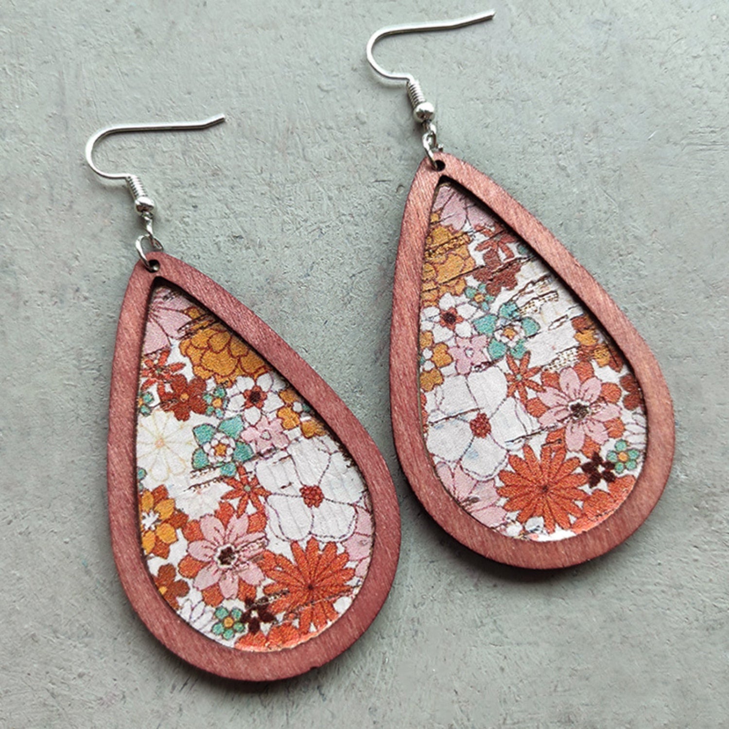 Floral Wood Teardrop Earrings 