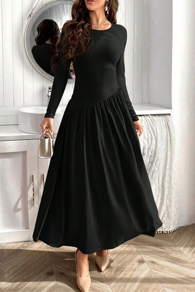 Ruched Round Neck Long Sleeve Dress Dresses