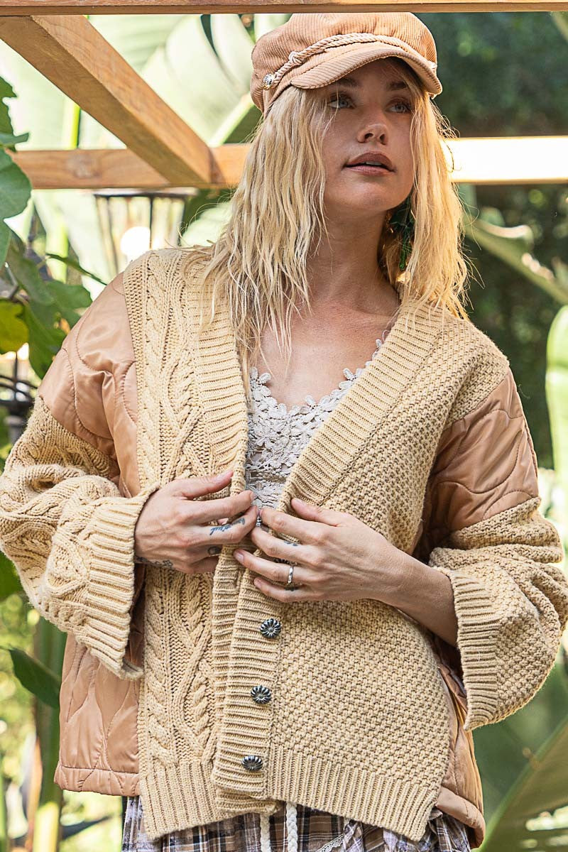 POL Quilting Patch Button Up Cable Knit Jacket 