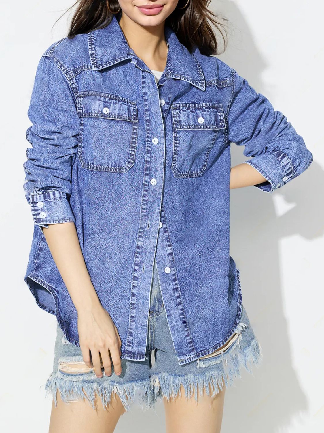Curved Hem Collared Neck Denim Top 