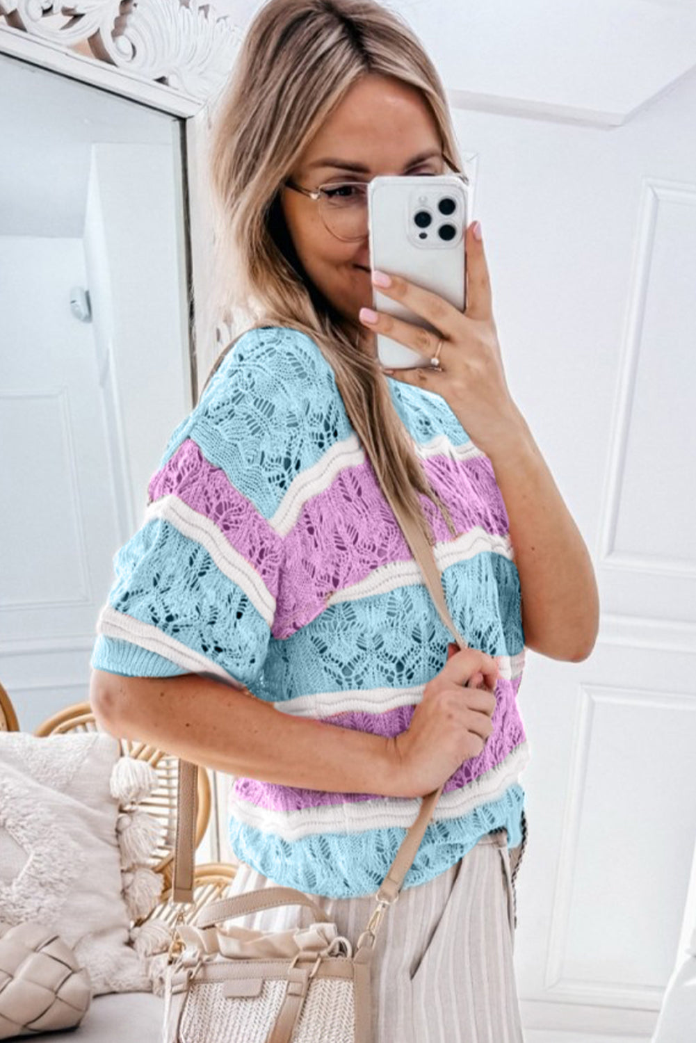 Brown Stripe Color Block Hollow Out Crochet Half Sleeve Sweater Sweaters & Cardigans/Short Sleeve Sweaters