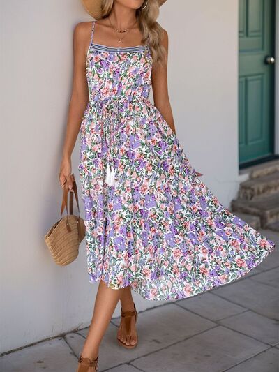 Perfee Decor Button Printed Sleeveless Tiered Midi Dress Dresses